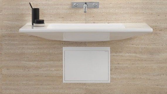 Geberit ONE washbasin with a concealed trap allowing access underneath.