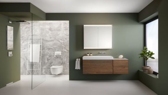 Geberit ONE bathroom with Geberit walk-in shower chanel and niche storage box Geberit ONE bathroom with Geberit walk-in shower chanel and niche storage box