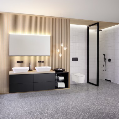 Geberit ONE washbasin cabinet with open side element Geberit ONE washbasin cabinet with open side element
