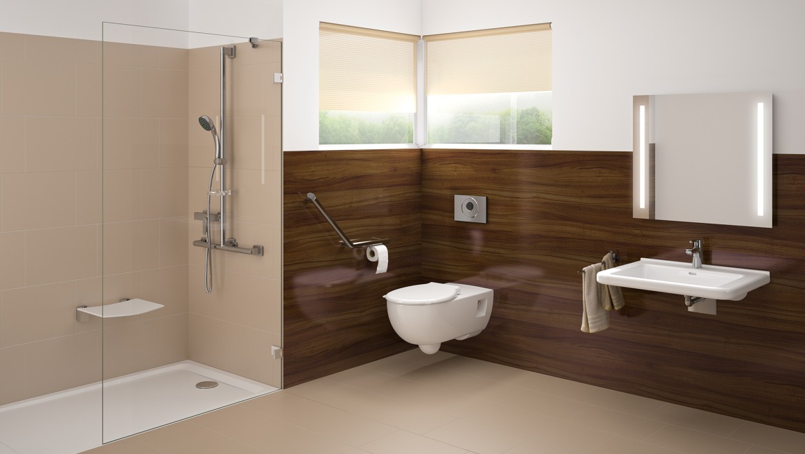 Barrier-free bathroom with washplace, toilet and floor-even shower