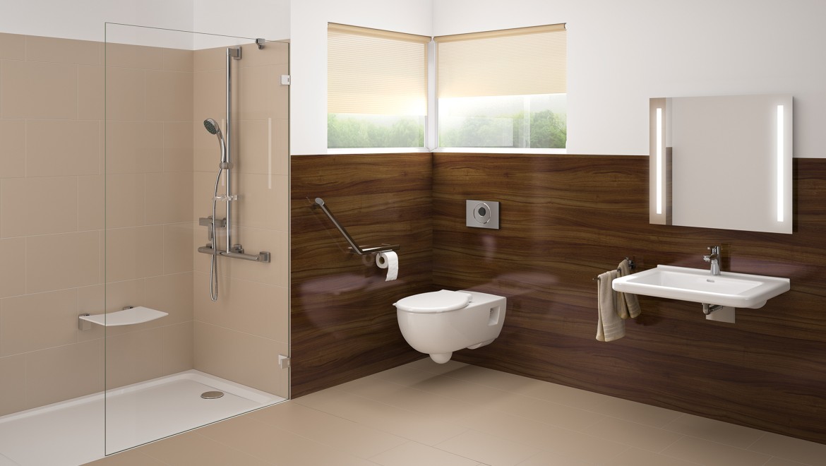 Barrier-free bathroom with washplace, toilet and floor-even shower Barrier-free bathroom with washplace, toilet and floor-even shower
