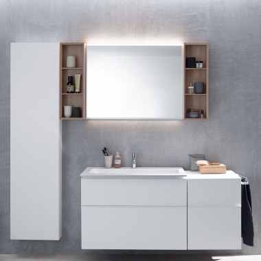 Geberit iCon vanity unit with side cabinet, tall cabinet and shelving units Geberit iCon vanity unit with side cabinet, tall cabinet and shelving units
