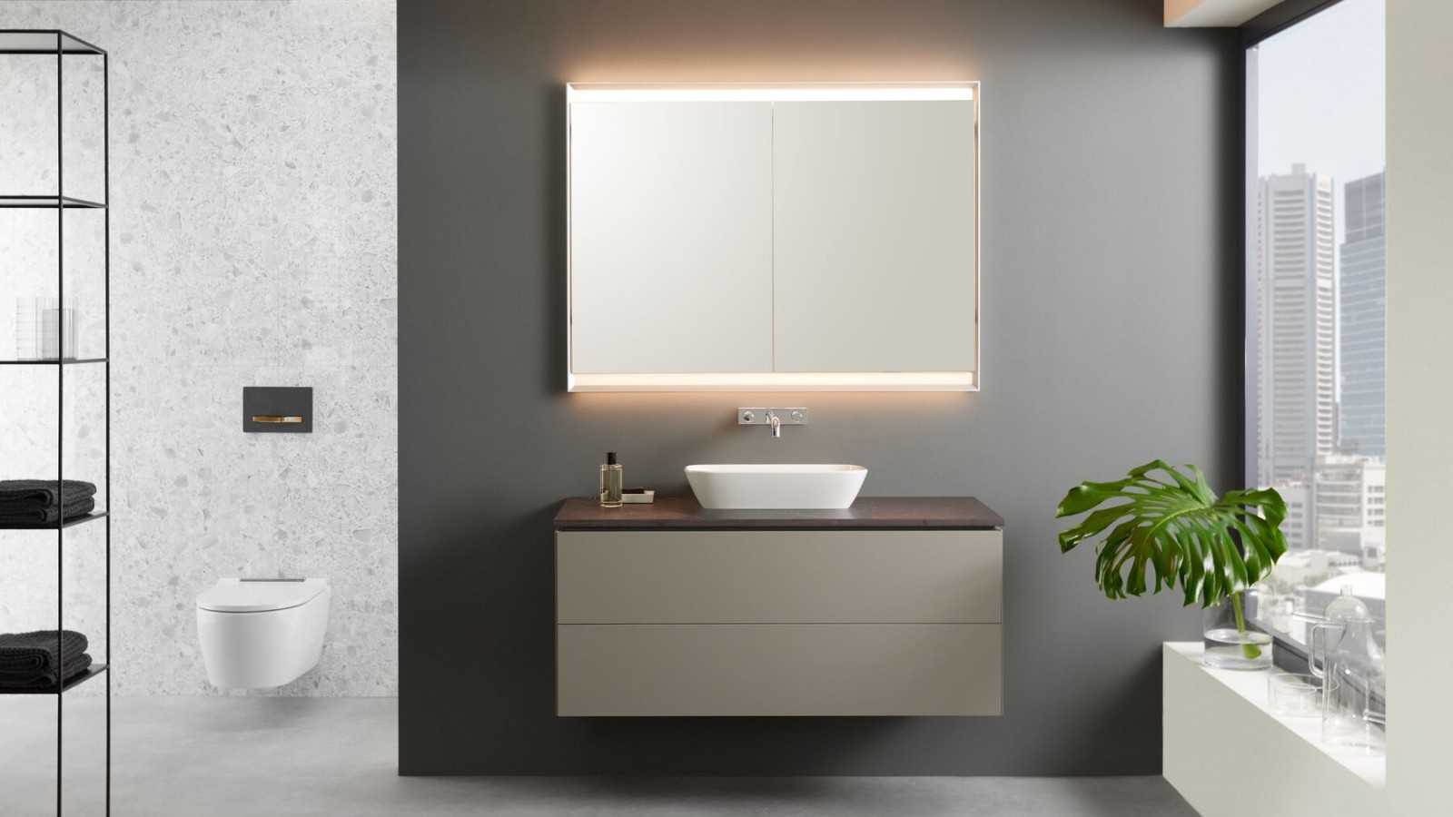 Geberit ONE washbasin cabinet in greige with push-to-open mechanism Geberit ONE washbasin cabinet in greige with push-to-open mechanism