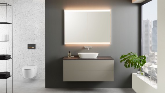 Geberit ONE washbasin cabinet in greige with push-to-open mechanism Geberit ONE washbasin cabinet in greige with push-to-open mechanism