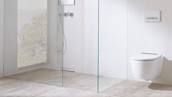 Geberit ONE bathroom with wall drain in the shower area Geberit ONE bathroom with wall drain in the shower area