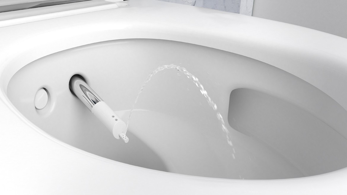 Close-up of the shower arm of a Geberit AquaClean Mera shower toilet