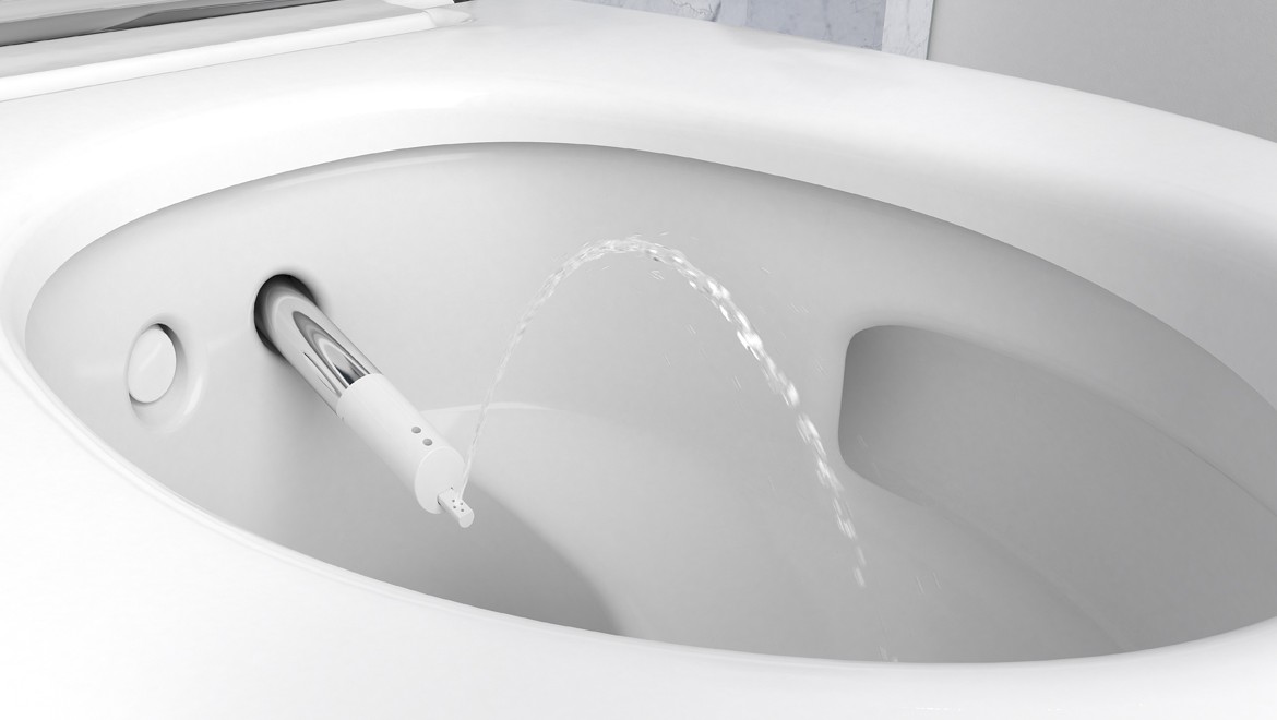 Close-up of the shower arm of a Geberit AquaClean Mera shower toilet Close-up of the shower arm of a Geberit AquaClean Mera shower toilet