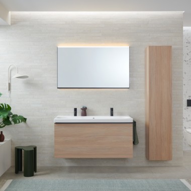 Geberit Acanto double washbasin with bathroom cabinets in oak