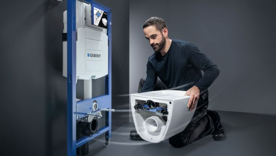 Plumber-mounted WC system comprising Geberit Sigma concealed cistern and Geberit Acanto WC Plumber-mounted WC system comprising Geberit Sigma concealed cistern and Geberit Acanto WC