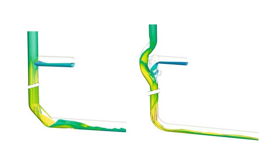 Changing direction with two Geberit Silent-db20 160 mm 45° bends, as illustrated on the left, causes the water in the pipe to swirl, which helps reduce the amount of noise generated. In contrast, the Geberit Silent-db20 BottomTurn bend, as illustrated on the right, calmly and orderly converts the annular flow from the stack into layered flow.