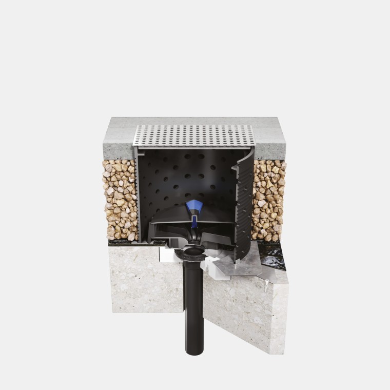 Installation of Geberit Pluvia on a walkable concrete roof with bitumen roof foil Installation of Geberit Pluvia on a walkable concrete roof with bitumen roof foil