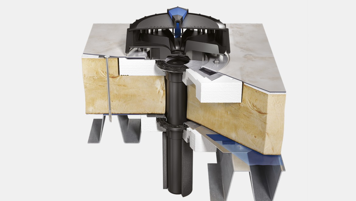 Geberit Pluvia Outlet for insulated roof with vapour barrier connection and roof foil as water-bearing level Geberit Pluvia Outlet for insulated roof with vapour barrier connection and roof foil as water-bearing level