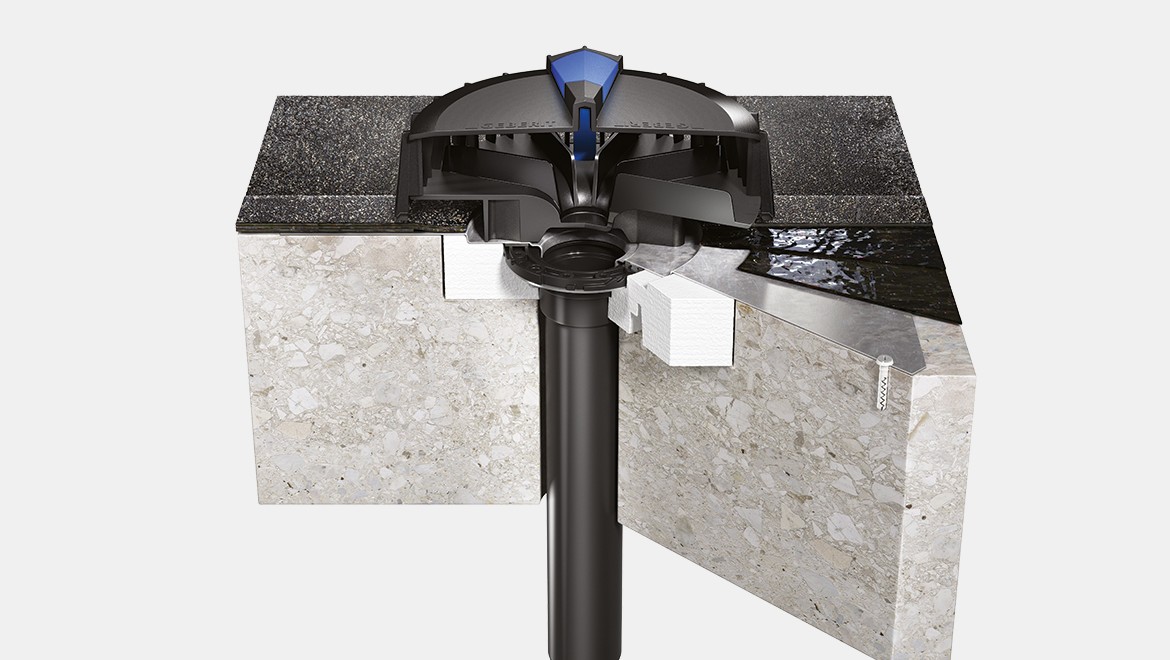 Geberit Pluvia Outlet for concrete roof with bitumen as water-bearing level Geberit Pluvia Outlet for concrete roof with bitumen as water-bearing level