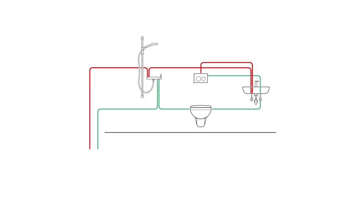Example of piping of an interval-controlled concealed cistern with hygiene flush unit (© Geberit)