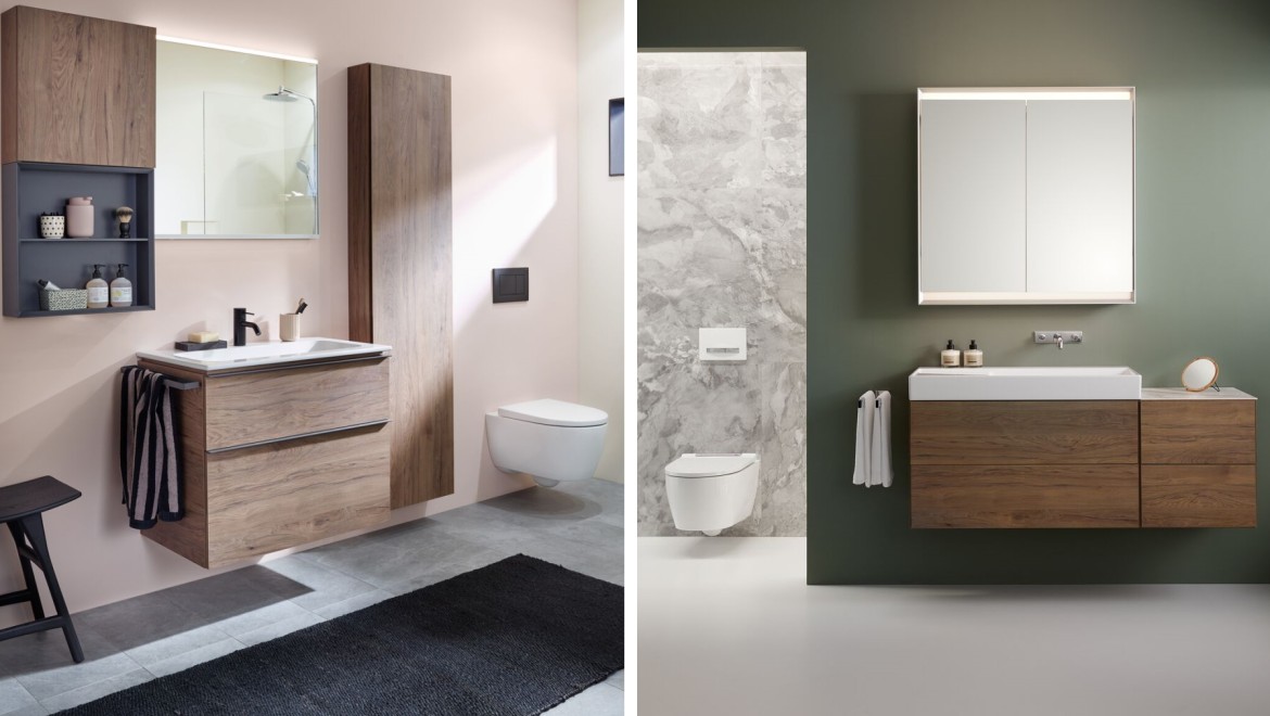 Two Geberit bathrooms with different wall colours in pink and dark green