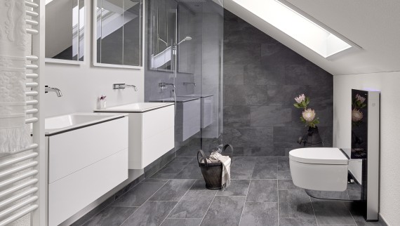 Bathroom with sloping roof and products from the Geberit ONE bathroom series and Geberit AquaClean with Monolith