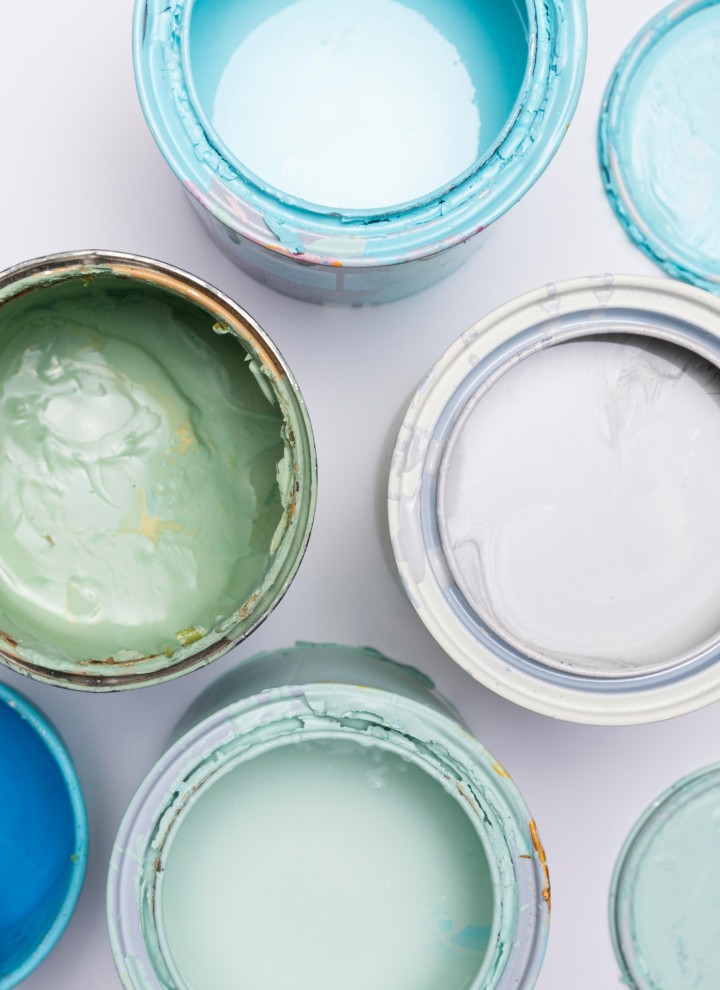 Bird's-eye view of different paint cans.