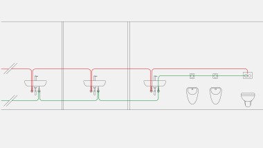 Example of drinking water piping for time flush mode with the Geberit sanitary flush integrated in the concealed cistern