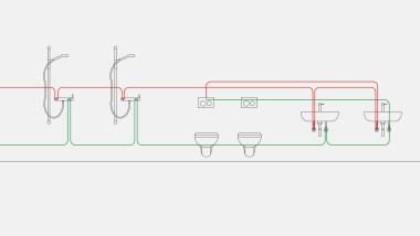 Example of drinking water piping for interval flush mode with the Geberit sanitary flush integrated in the concealed cistern