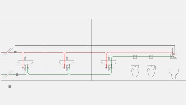 Example of drinking water piping for temperature flush mode with the Geberit sanitary flush integrated in the concealed cistern
