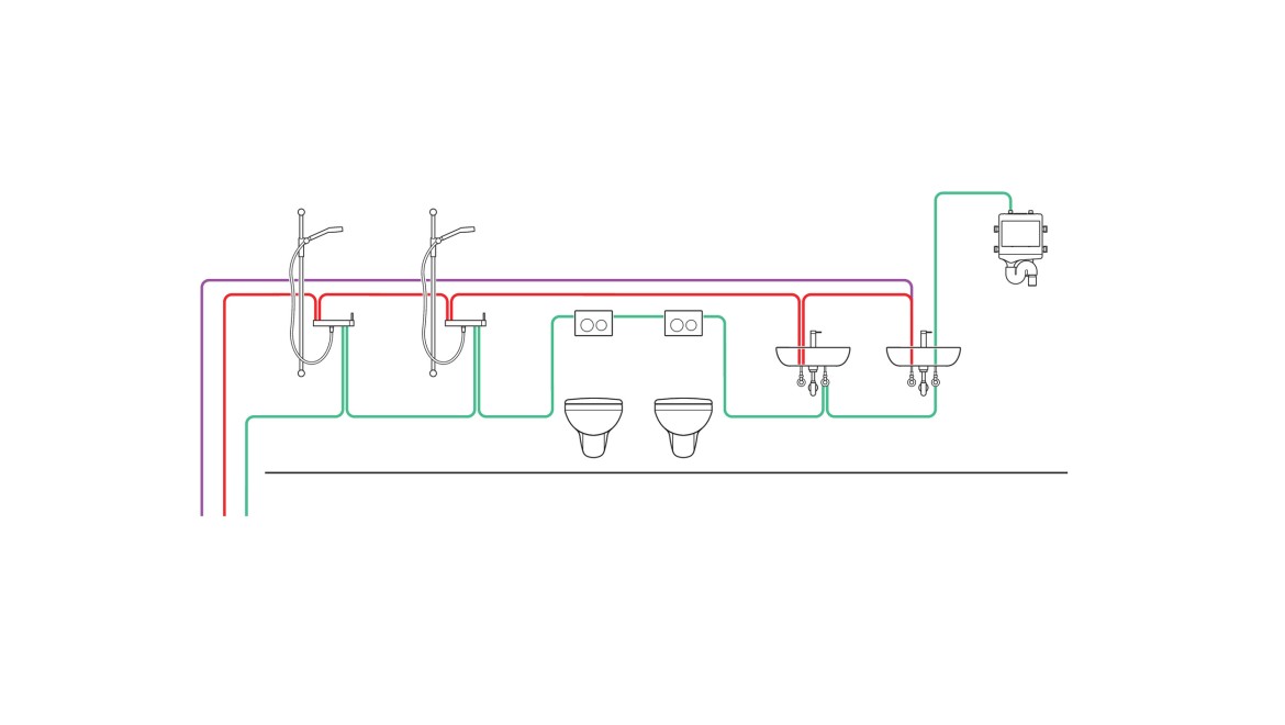 Example of piping of an interval-controlled hygiene flush unit (© Geberit)