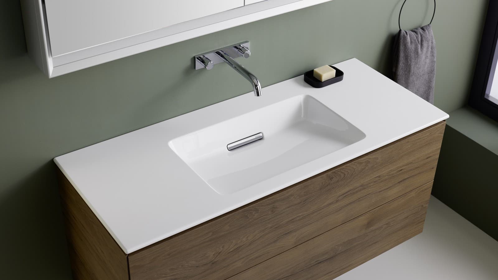 Geberit ONE washbasin with slim-rim washbasin and cabinet in walnut brown Geberit ONE washbasin with slim-rim washbasin and cabinet in walnut brown