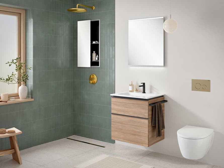 Scandinavian-style bathroom featuring the Geberit iCon bathroom series and an Option mirror. Scandinavian-style bathroom featuring the Geberit iCon bathroom series and an Option mirror.