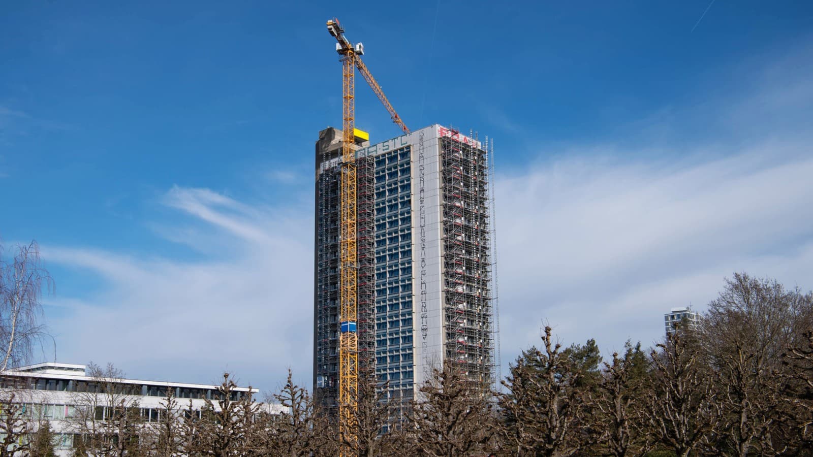 The high-rise OMU 93 building from the 1970s being renovated and repurposed The high-rise OMU 93 building from the 1970s being renovated and repurposed