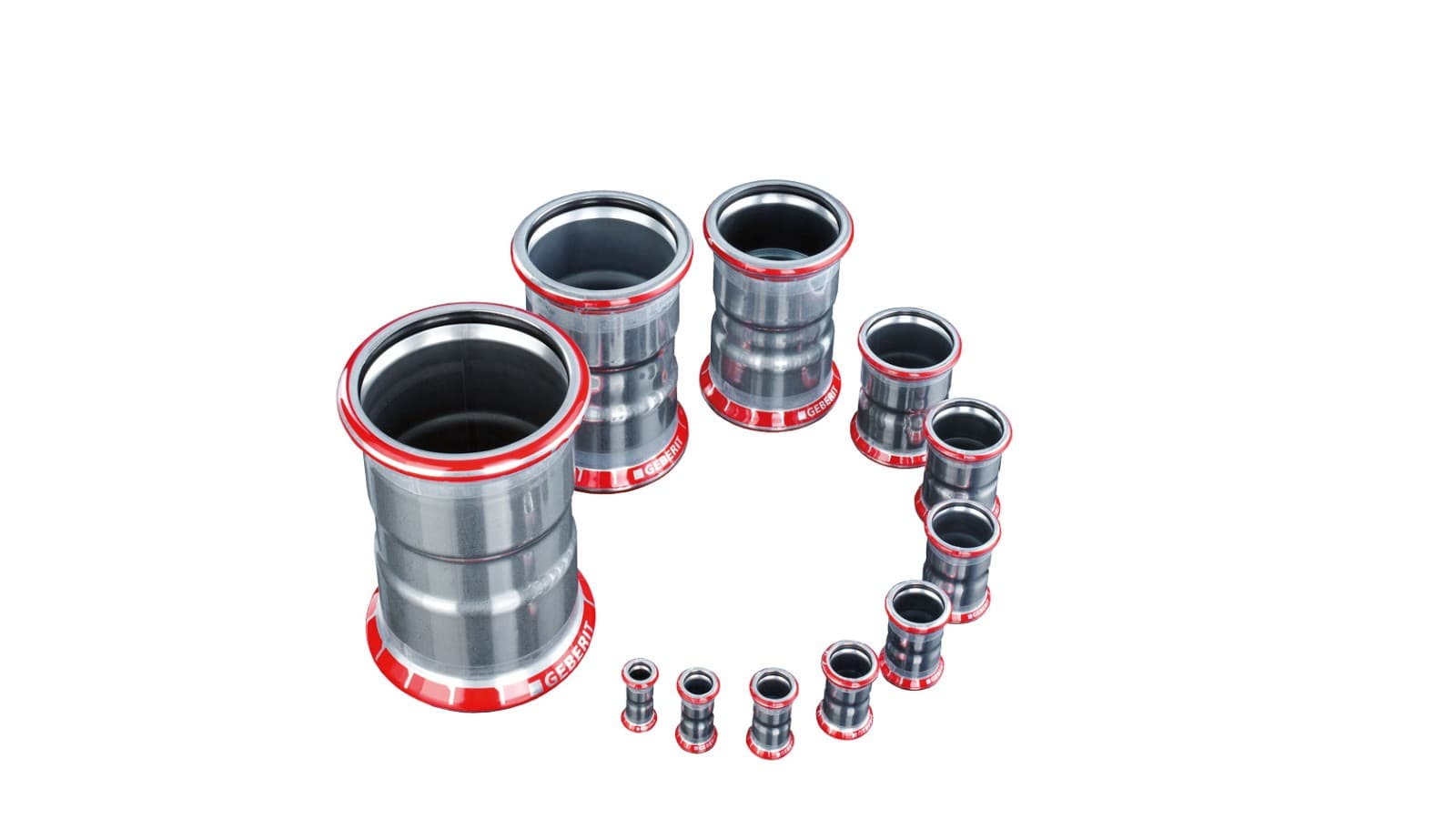Geberit Mapress Carbon Steel fitting with red pressing indicator and black O-ring